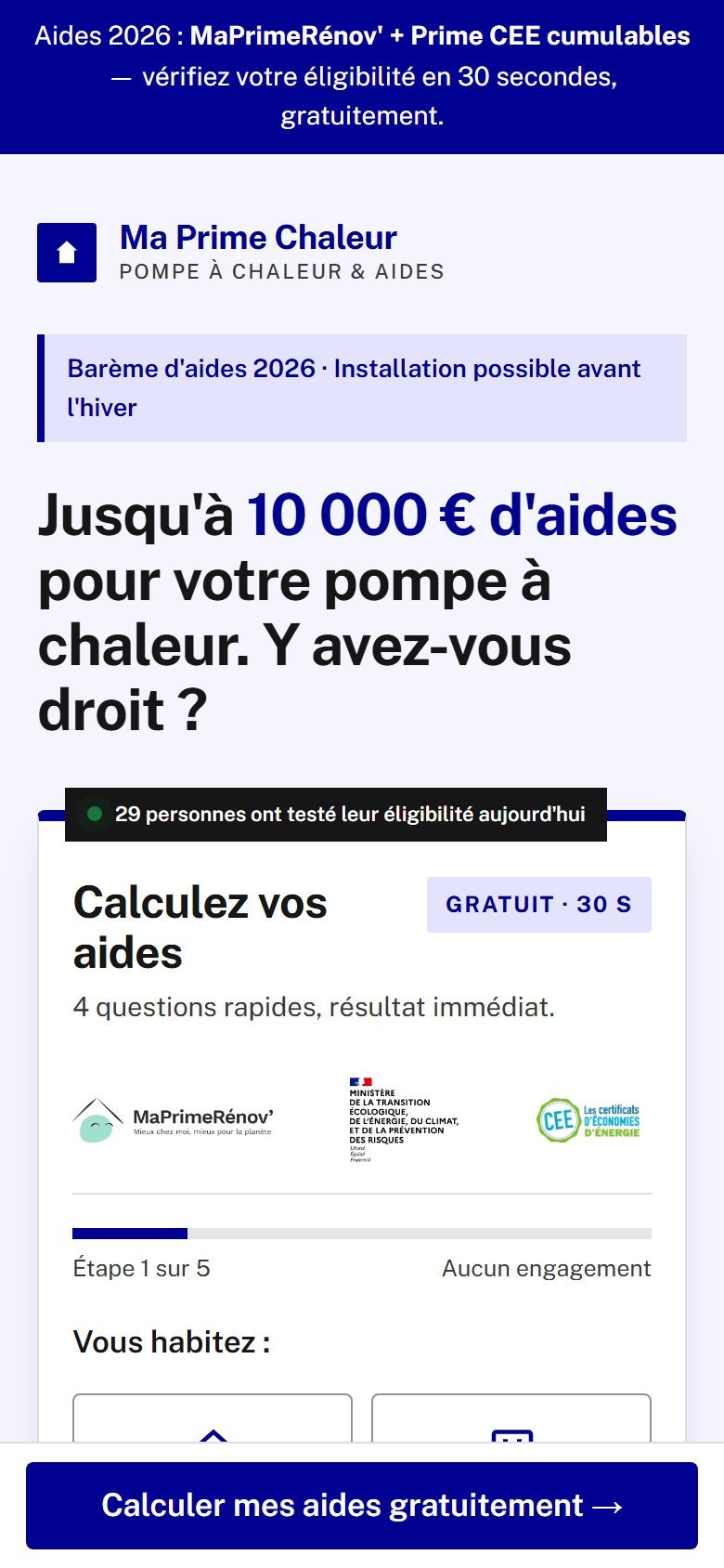 Version mobile de la landing page